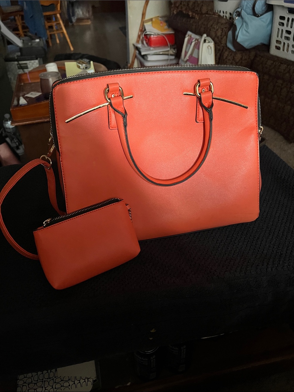 Structured Women's Satchel with Matching Pouch - Coral Orange